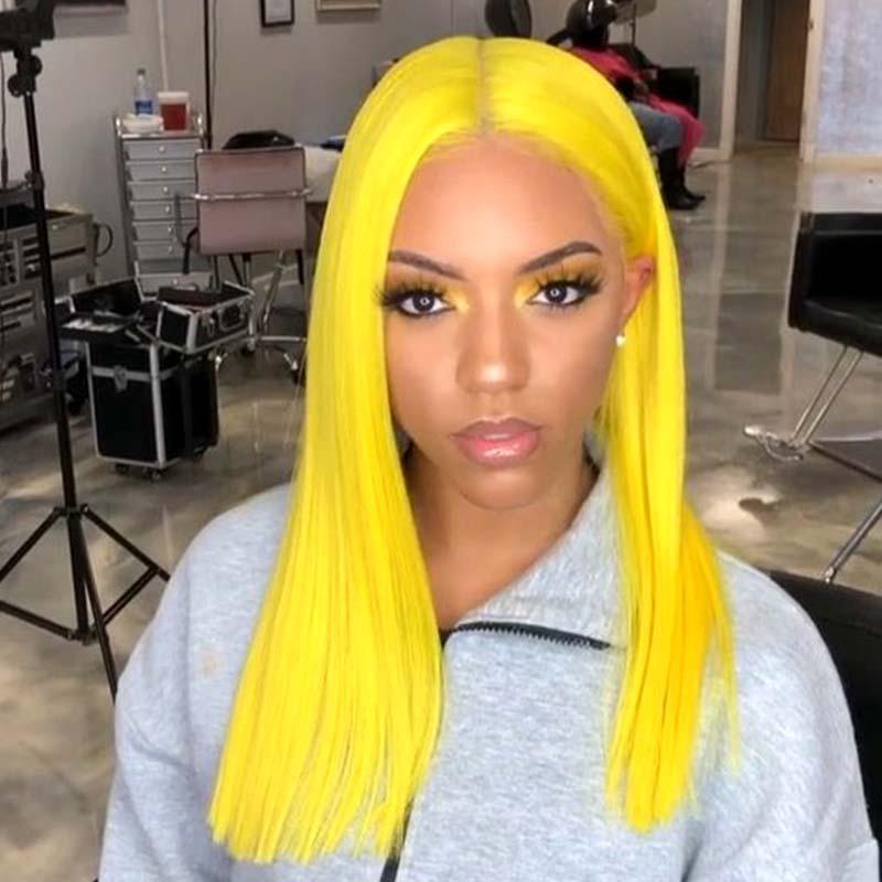 Yellow Silky Straight 13x4 Short Bob Human Hair Wigs Brazilian Remy Wig Yellow Bob Frontal Wigs For Women Pre Plucked Transparent Wigs 150%