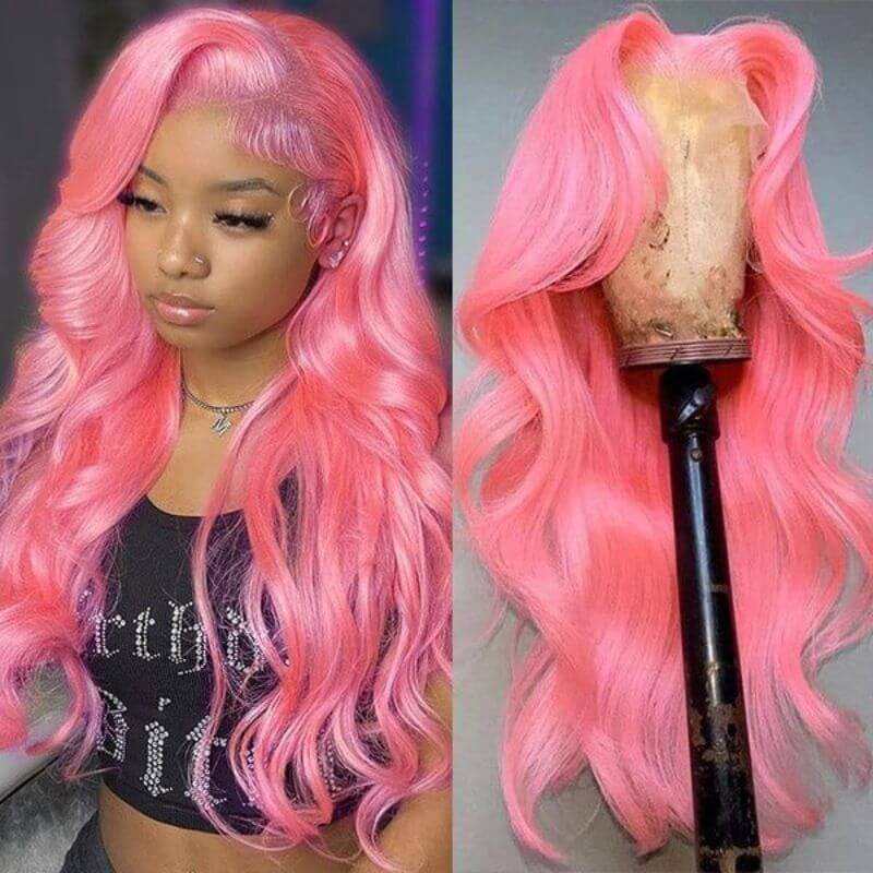 Body Wave  Pink Colored Human Hair Wigs For Women Preplucked Brazilian Remy Pink Ombre HD Transparent Lace Frontal Wig