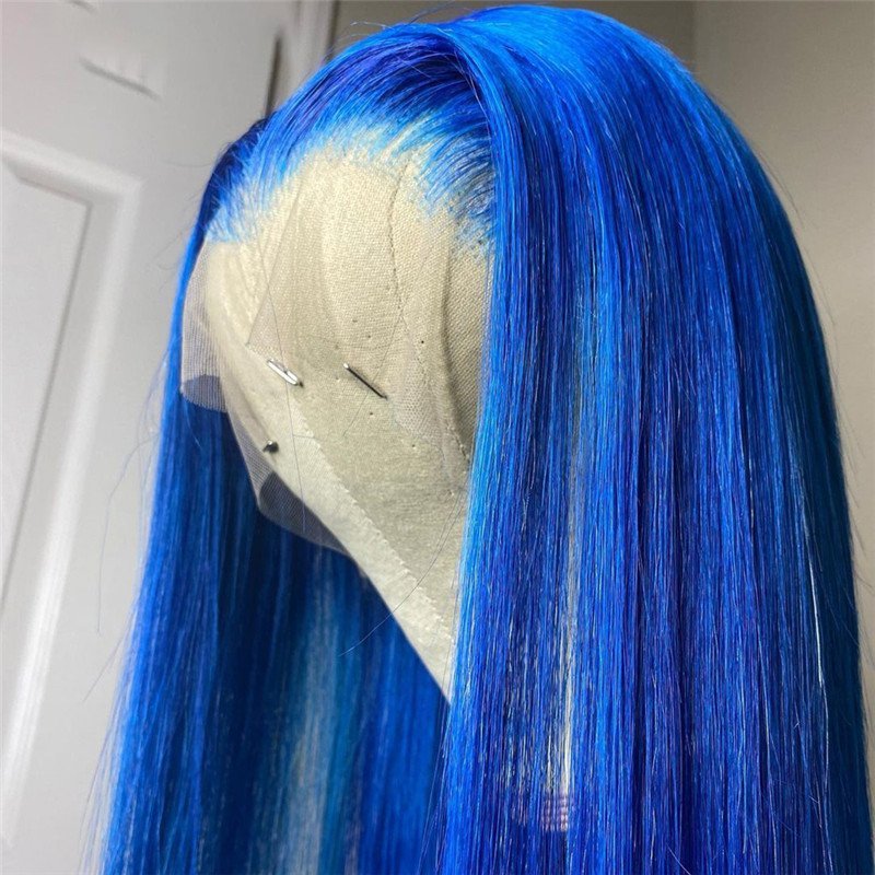 28inch Blue Ombre Colored Lace Front Human Hair Wigs For Women Pre Plucked Brazilian Remy Straight Blue Lace Front Wig