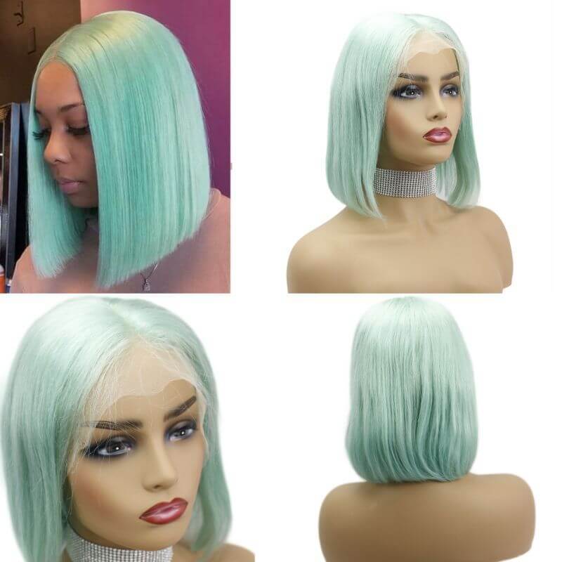 13x4 Lace Frontal Bob Wigs Peruvian Hair Mint Green Ombre Color Human Hair Lace Front Bob Wig