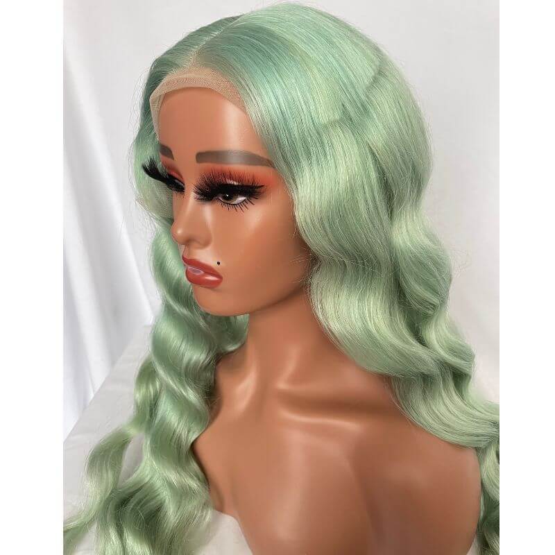 Green Hair Transparent Lace Wigs Mint Green Colored Body Wave Human Hair Lace Wigs Brazilian Remy Ombre  Human Hair Wigs For Women