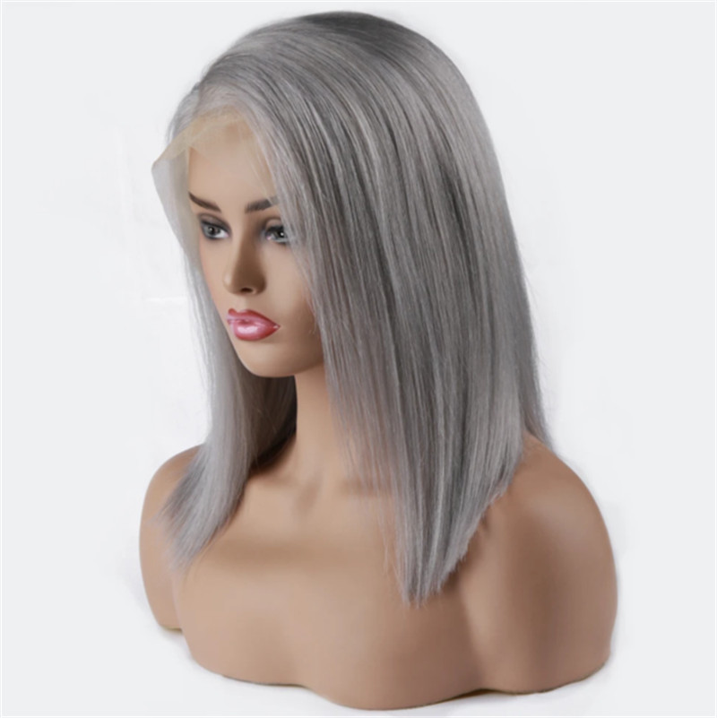Human Hair Lace Front Bob Wig Silver Grey Straight Style