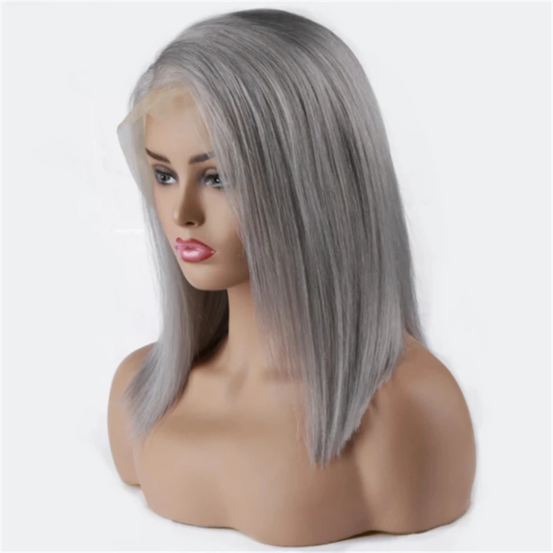 Human Hair Lace Front Bob Wig Silver Grey Straight Style