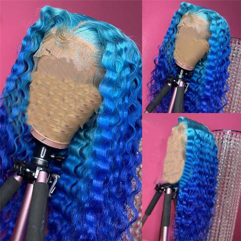 150% Density Deep Wave Blue Ombre Lace Front Wig Brazilian Remy Hair Blue Human Hair Lace Wig Pre Plucked Blue Colored Wigs