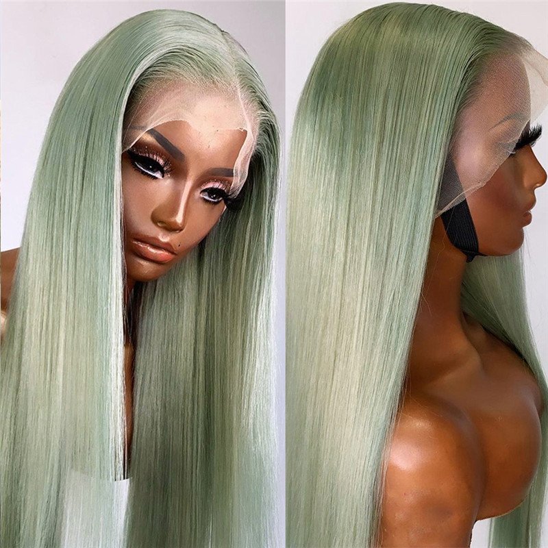 Green Ombre Human Hair Wigs For Women Brazilian Hair Lace Front Wigs Colored Wigs Straight Bob Wig Pre Plucked 150% Density