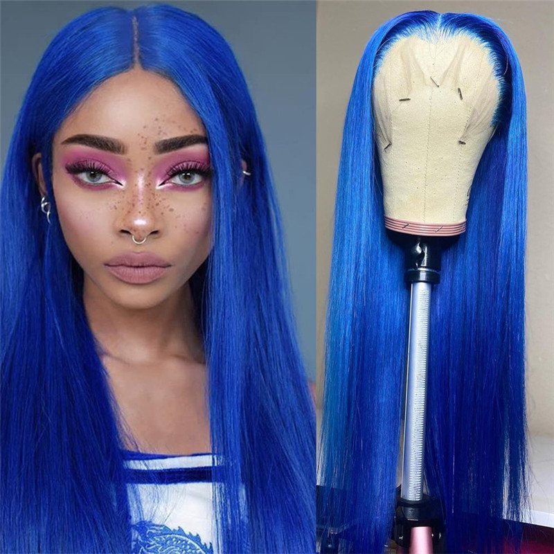Long Straight Blue Colored Human Hair Wigs Peruvian Remy Hair 8-28inch Lace Front Wig With Baby Hair Preplucked