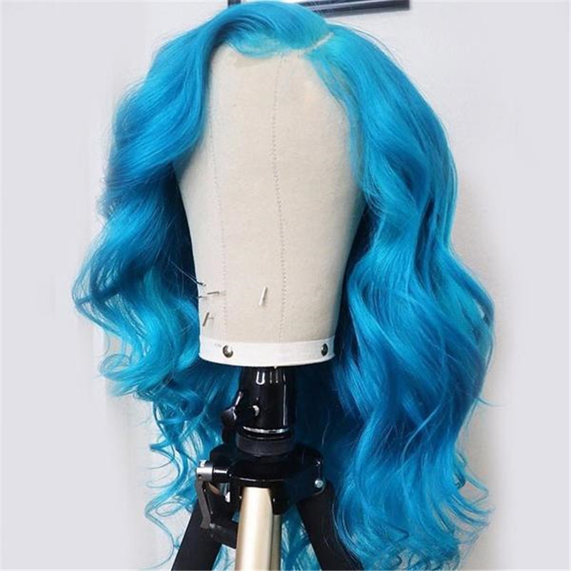 Real Human Hair Body Wave Ocean Blue Lace Front Wigs