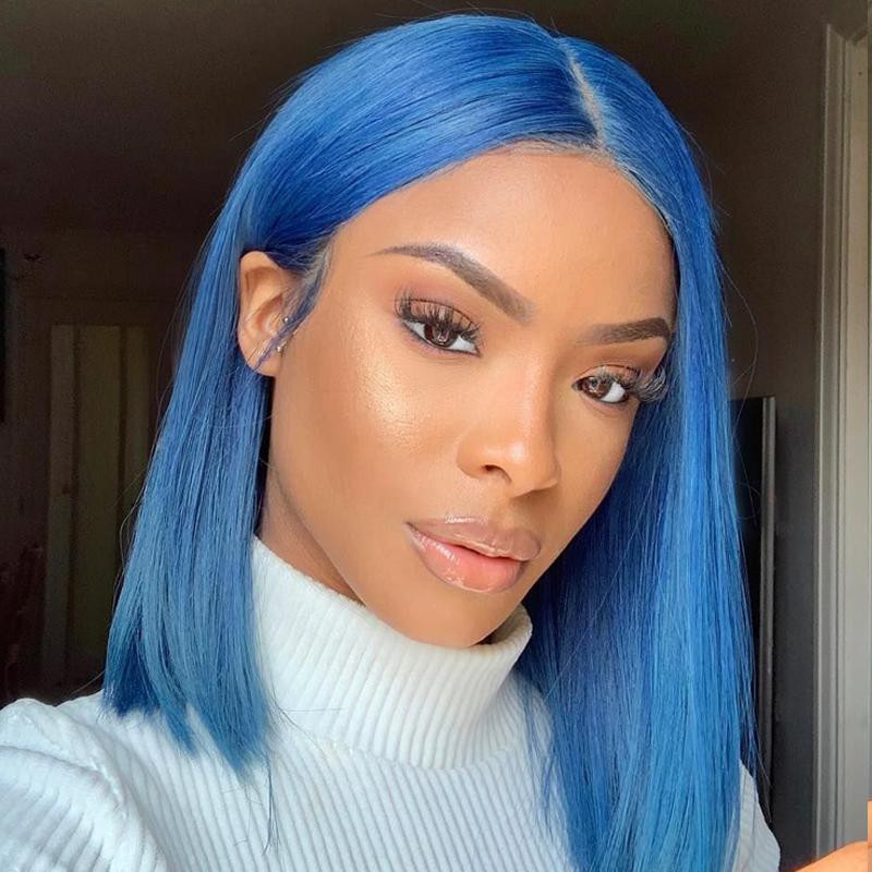 Human Hair Lace Front Bob Wig Sky Blue Color