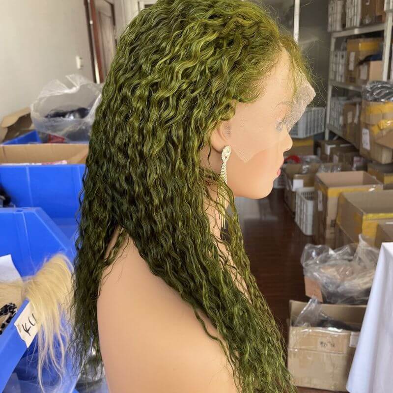 Transparent Lace Dark Green Wig Deep Curly  Brazilian Hair Wigs For Women Wig Green Glueless Lace Front Human Hair Wigs