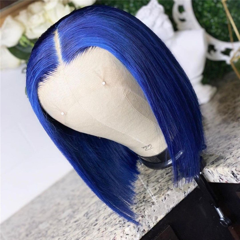 Virgin Human Hair Royal Blue Color Lace Front Bob Wig