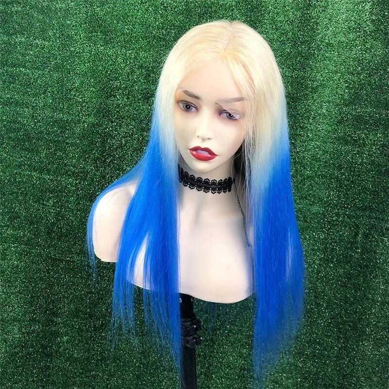 Straight 613 Blonde Blue Ombre Lace Front Wig Peruvian Remy Hair Colored Human Hair Wigs For Women Transparent Lace Wigs