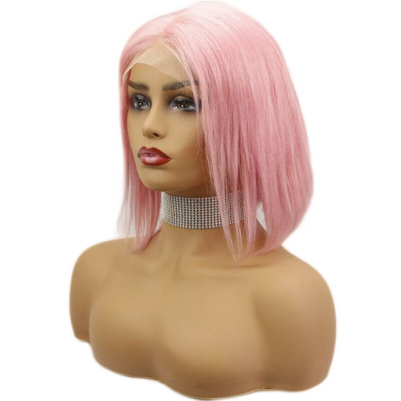 Leather Pink Bob Colored Human Hair Wigs Transparent Peruvian Remy Short Bob Lace Front Wigs Preplucked Closure Wig 150%