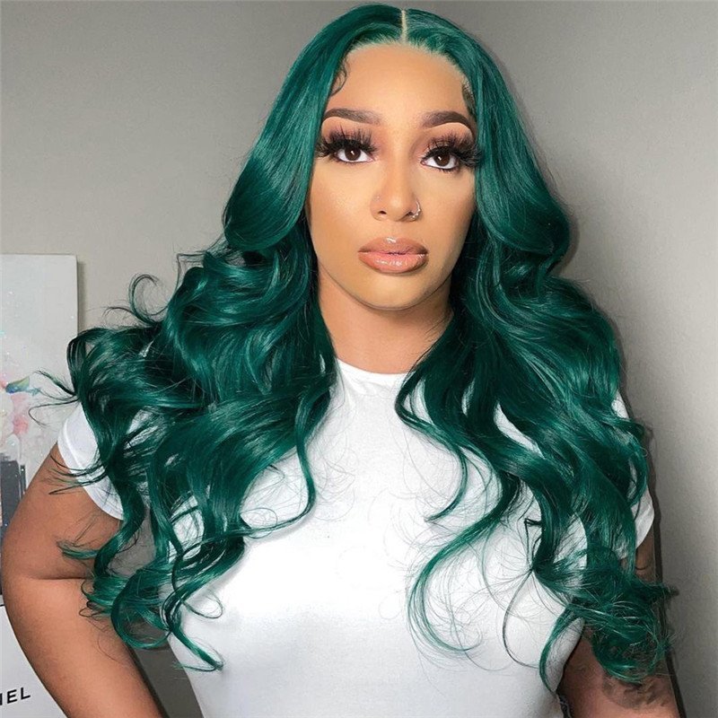 28inch Dark Green Body Wave Lace Front Wig Peruvian Remy Hair Transparent Highlight Colored Human Hair Wigs Bleached Knots