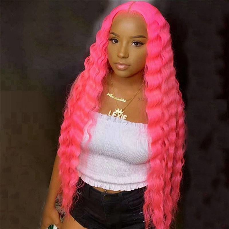 Deep Wave Pink Colored Lace Front Human Hair Wigs Lace Front Wig Brazilian Curly Wig Pre Plucked