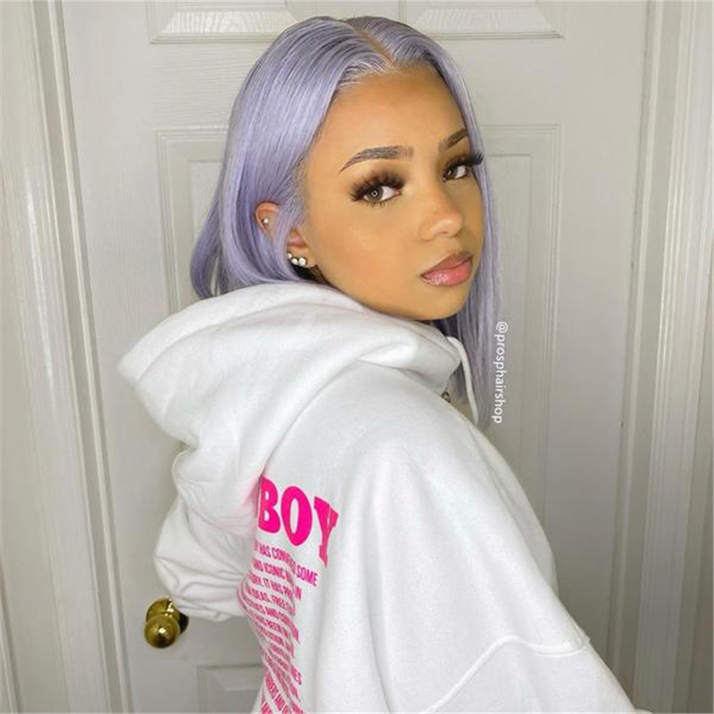 Short Lace Front Bob Wig With Pastel Purple Color