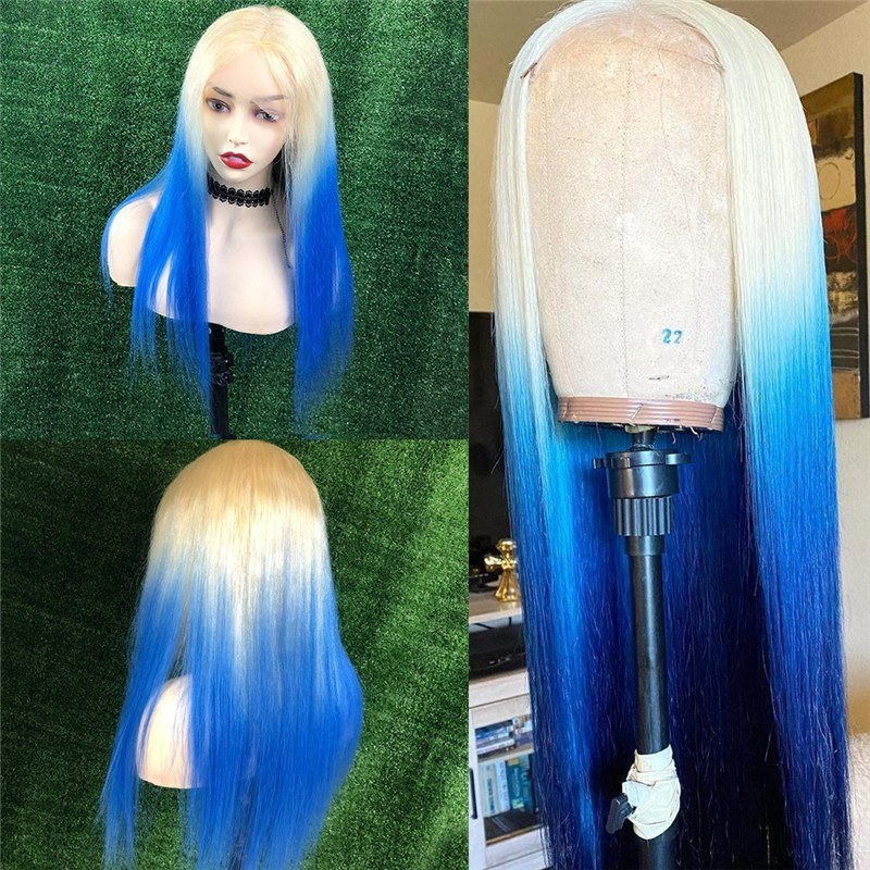 Straight 613 Blonde Blue Ombre Lace Front Wig Peruvian Remy Hair Colored Human Hair Wigs For Women Transparent Lace Wigs