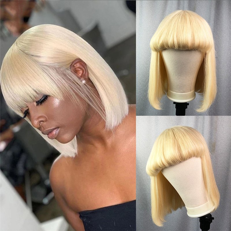 613 Blonde Bob Wig Human Hair Wigs With Bangs Brazilian Virgin Hair Straight Bob Machine Wigs For Women Transparent Lace Wigs