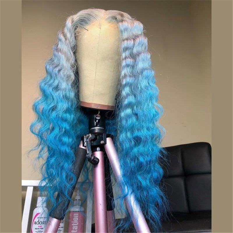 Peruvian Hair Blue Ombre Color Deep Wave Lace Front Wig