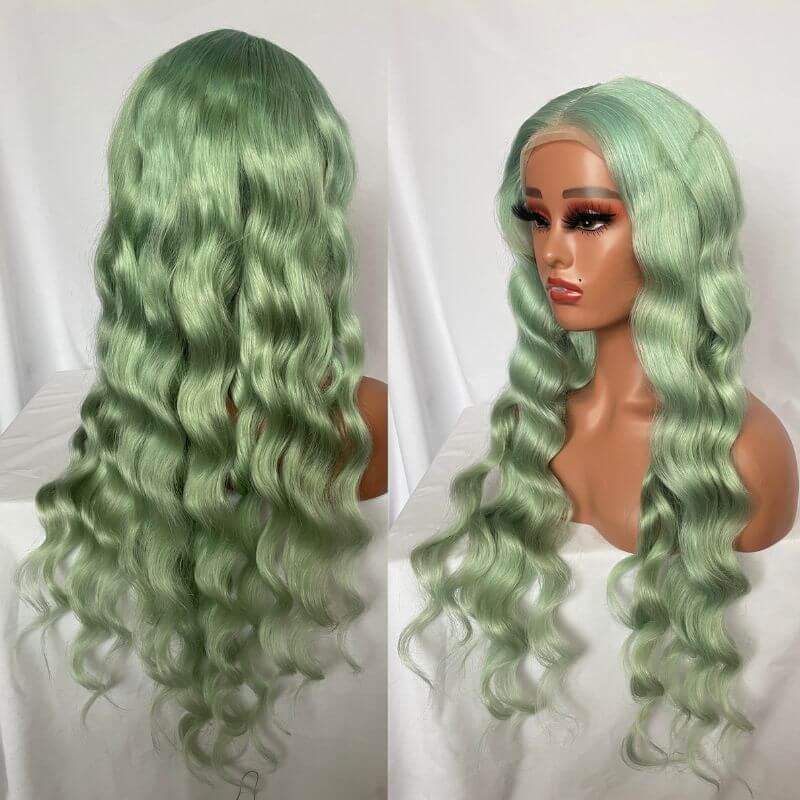 Transparent Lace Wigs Mint Green Colored Body Wave Human Hair Lace Wigs Brazilian Remy 28Inch Ombre Human Hair Wigs For Women