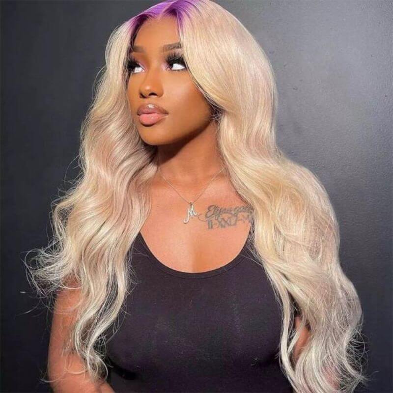 Body Wave Ombre 613 Colored with Light Purple Roots Lace Front Wig Brazilian Remy  Human Hair Wigs For Women 150%