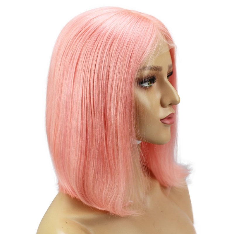 Short Shoulder Bob Lace Front Wigs Brazilian Straight Cut Human Hair Transparent Lace Wigs Pink Color