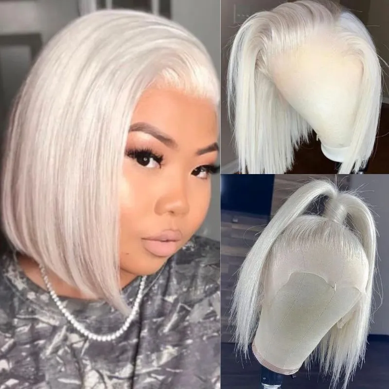 13x4 Bob Lace Wigs Platinum Blonde Colored Human Hair Lace Front Wig 60 Color White 150% Density Bob Wig