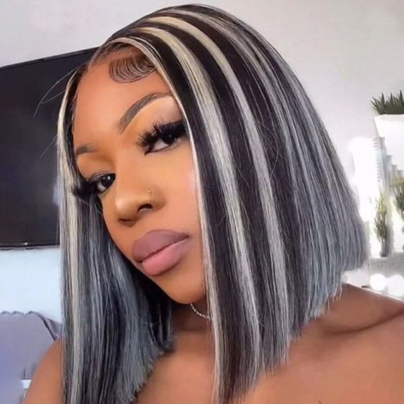 Peruvian Human Hair Wigs For Women Black Highlight  Pink Bob Wig Lace Front Ombre Human Hair Wig Preplucked