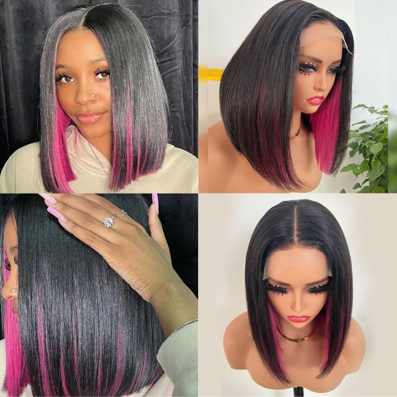 Peruvian Human Hair Wigs For Women Black Highlight  Pink Bob Wig Lace Front Ombre Human Hair Wig Preplucked