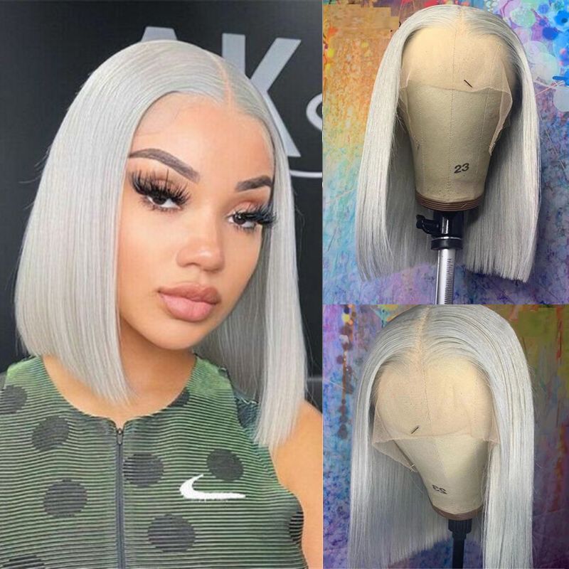 Bob Lace Wigs Grey Colored Human Hair Lace Front Wig  150% Density Bob Lace Wig Straight