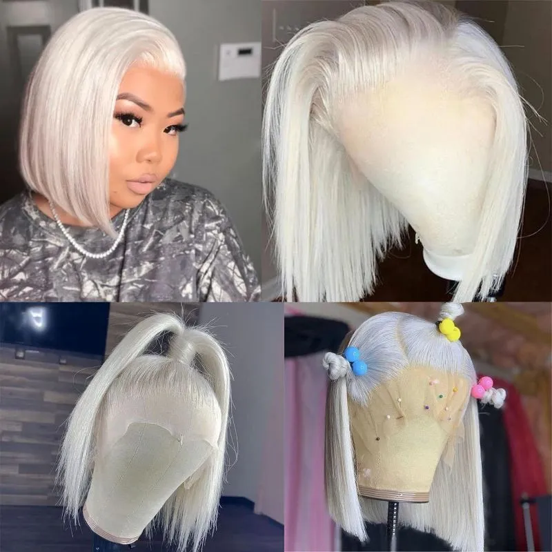 13x4 Bob Lace Wigs Platinum Blonde Colored Human Hair Lace Front Wig 60 Color White 150% Density Bob Wig