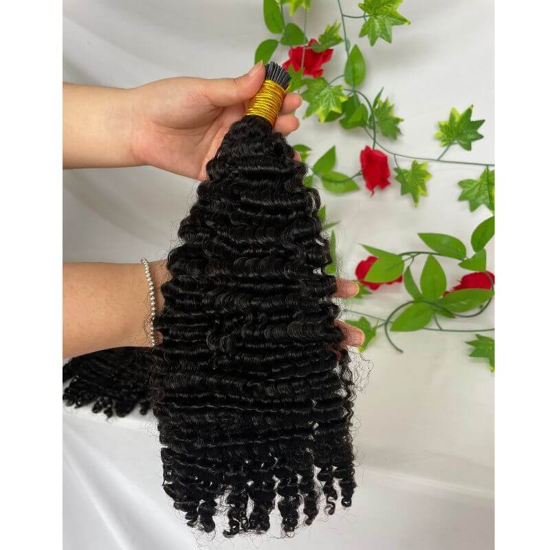 3B 3C Camodian Hair  Kinky Curly Microlinks Human Hair Extensions Vrigin  Hair Weave Bundles I Tip Hair Extensions Bulk Natural Black Color