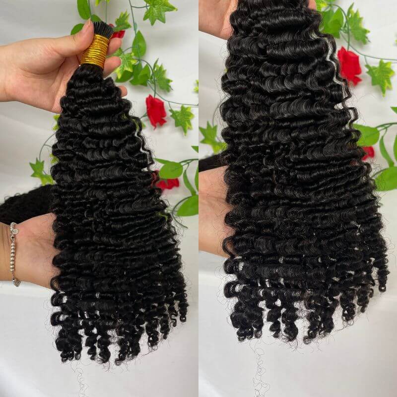 3B 3C Camodian Hair  Kinky Curly Microlinks Human Hair Extensions Vrigin  Hair Weave Bundles I Tip Hair Extensions Bulk Natural Black Color