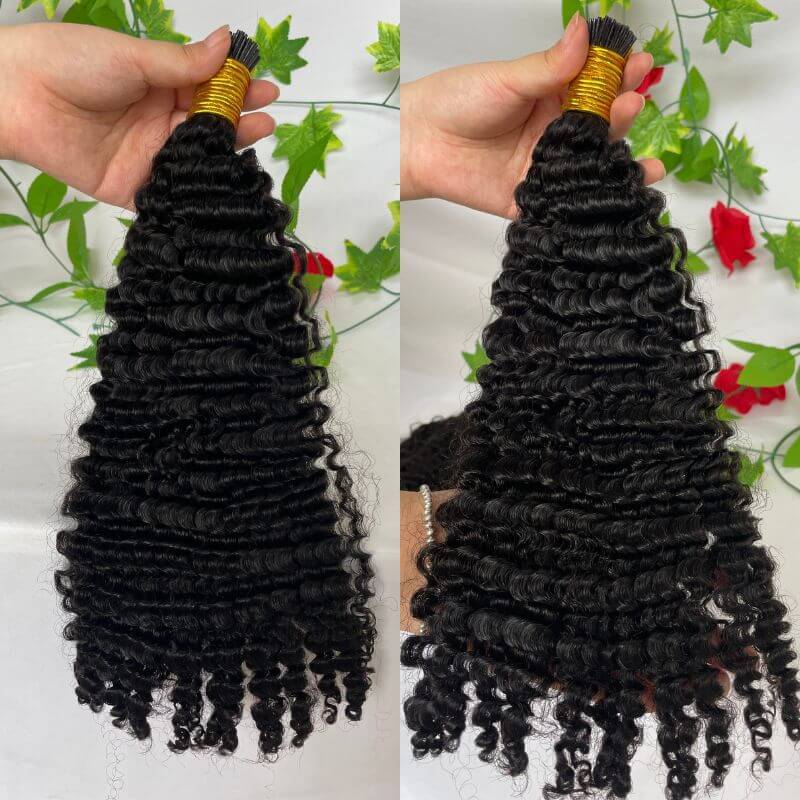 3B 3C Camodian Hair  Kinky Curly Microlinks Human Hair Extensions Vrigin  Hair Weave Bundles I Tip Hair Extensions Bulk Natural Black Color