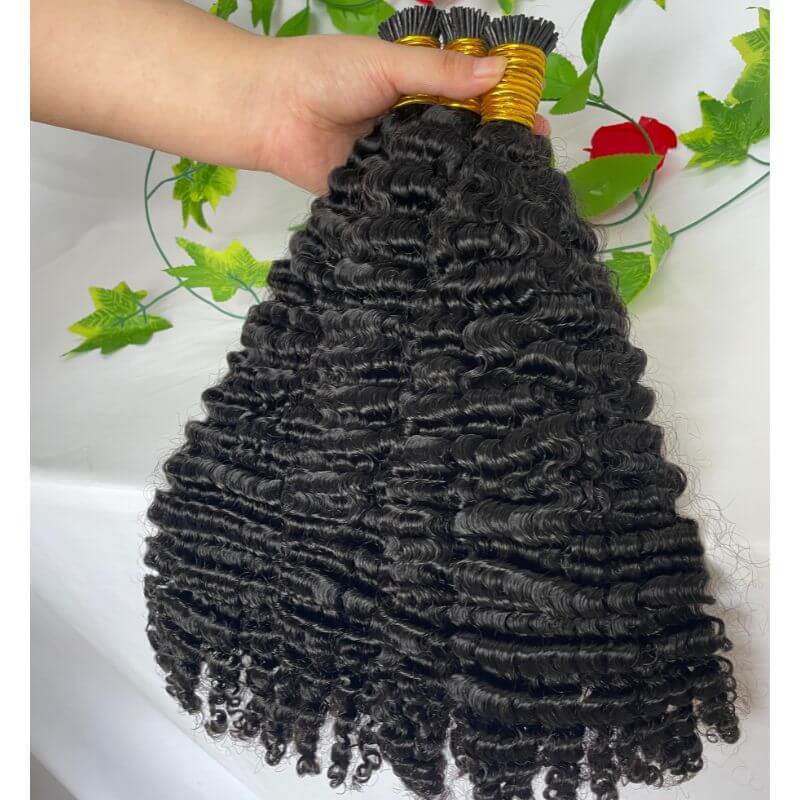 3B 3C Camodian Hair  Kinky Curly Microlinks Human Hair Extensions Vrigin  Hair Weave Bundles I Tip Hair Extensions Bulk Natural Black Color
