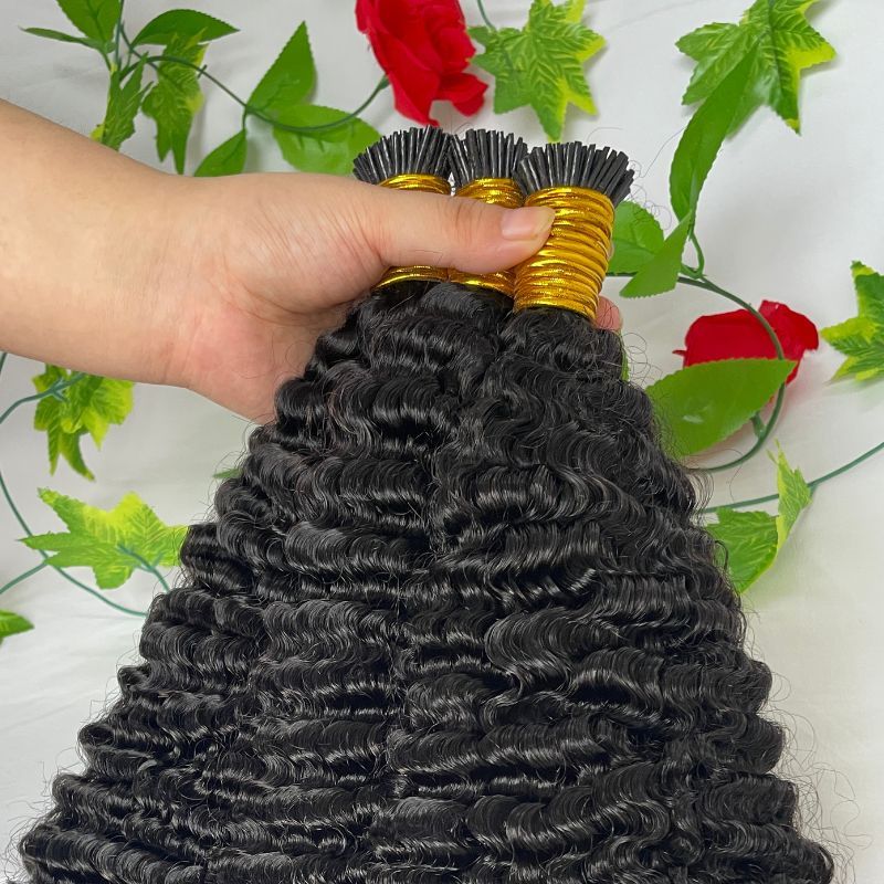 3B 3C Camodian Hair  Kinky Curly Microlinks Human Hair Extensions Vrigin  Hair Weave Bundles I Tip Hair Extensions Bulk Natural Black Color