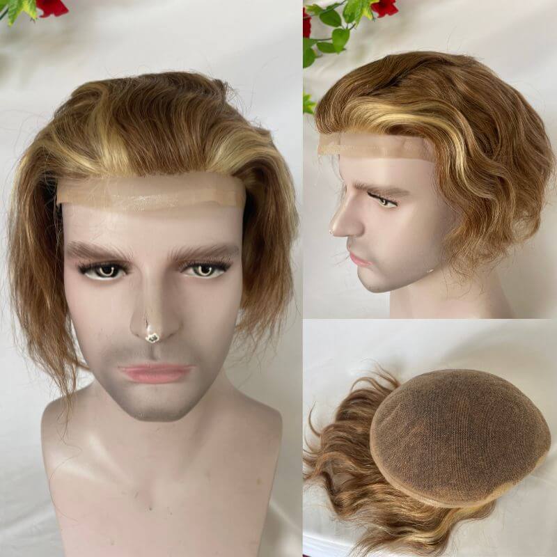 Full Lace 10X8 Inch Toupee 4mixed 27 highlight 613 Front Colored  Mens Hair Remy 100% Human Hair Toupee for Men 100% European  Hair System