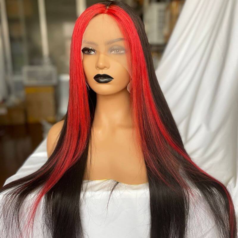 Skunk Stripe Peruvian Hair Lace Front Black Color Red Streak Highlight Wigs