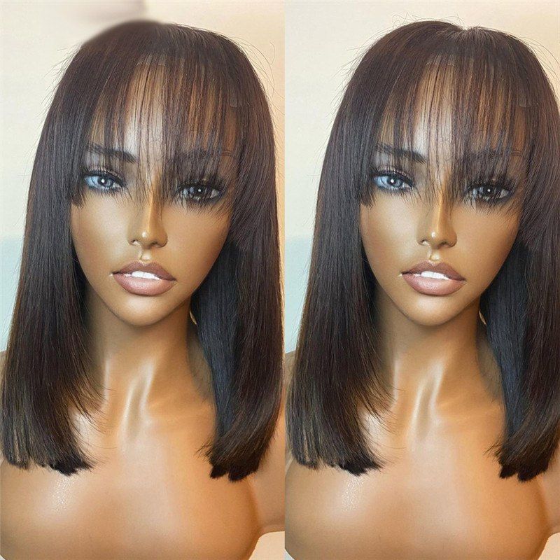 13x4 Short Bob Lace Front Human Hair Wigs With Bangs Brazilian Remy Hair Closure Wig With Bangs Bob Frontal Wigs For Women 150%