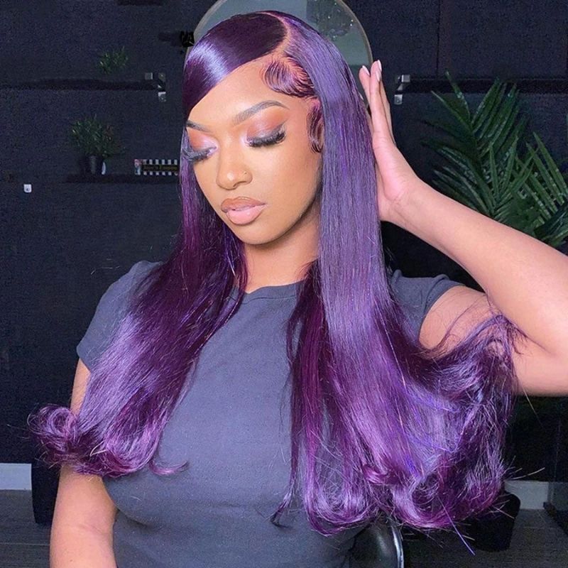 Colored HD Lace Frontal Wigs Peruvian Human Hair 13x4 13x6 Lace Front Wig Silky Straight Wave Dark Purple 150% Density 14-28 Inch