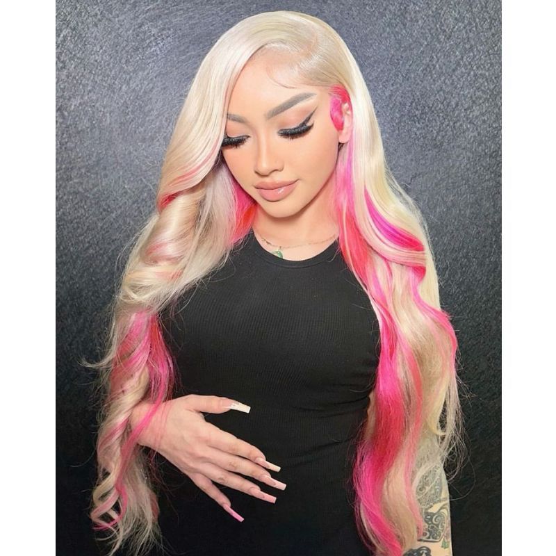 Highlight Wigs Blonde Ombre Pink Lace Front Human Hair Wigs Body Wave 13x4 13x6 Lace Frontal Wig 28inch Long Wavy Colored 150% 180% Density 10-28 Inch