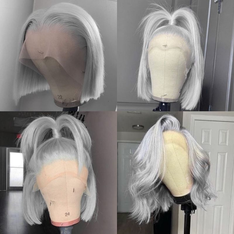 Bob HD Lace Wig 13x4 13X6 Straight  Silver Color Cambodian Human Hair Wigs Pre Plucked Grey Lace Front  Wig 150% Density