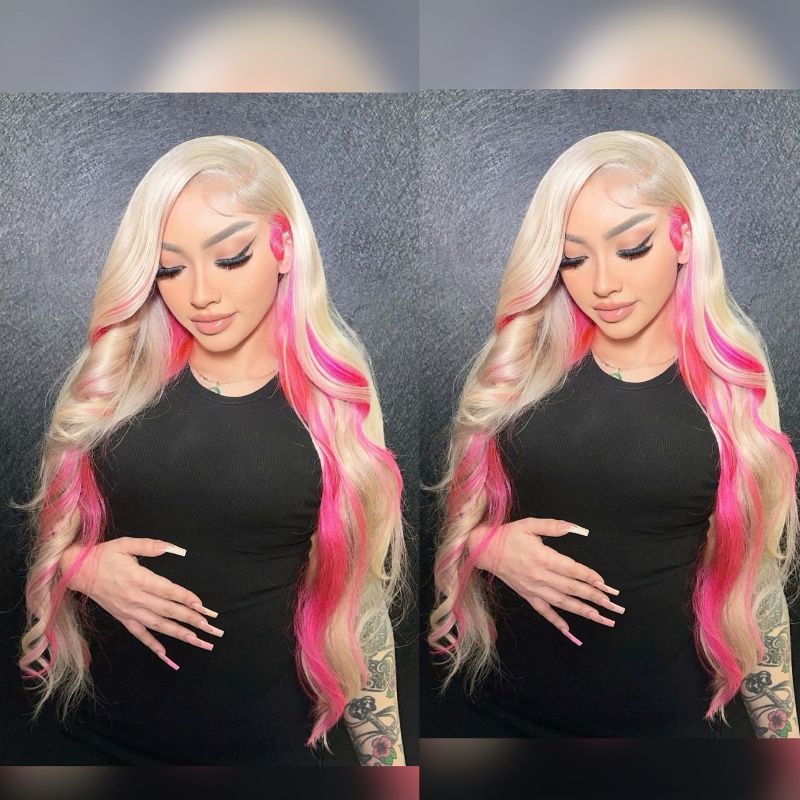 Highlight Wigs Blonde Ombre Pink Lace Front Human Hair Wigs Body Wave 13x4 13x6 Lace Frontal Wig 28inch Long Wavy Colored 150% 180% Density 10-28 Inch
