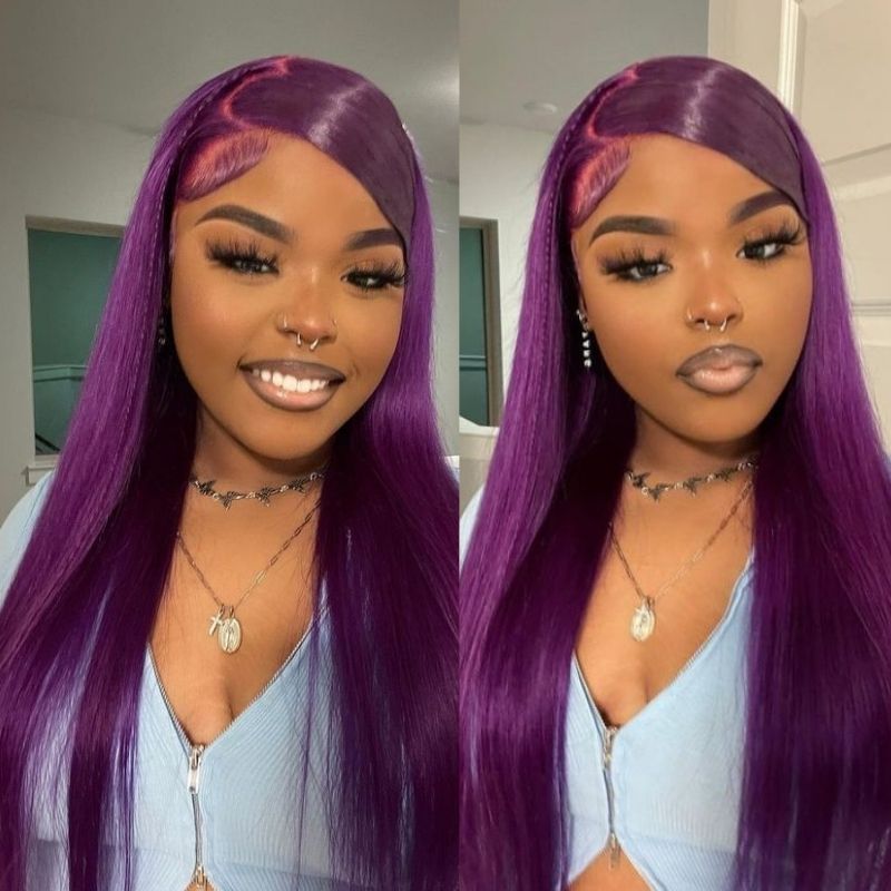 HD Lace Frontal Wig Ombre Grape Purple Colored Cambodian Human Hair Wigs For Women Pre Plucked Straight Glueless Wig