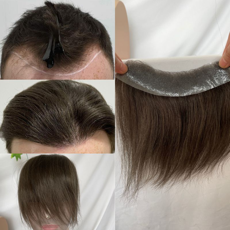 Men's V Loop Frontal Toupee PU Human Hair Hairline 100% Real Human Hair  Male Replacement  4# Brown Color