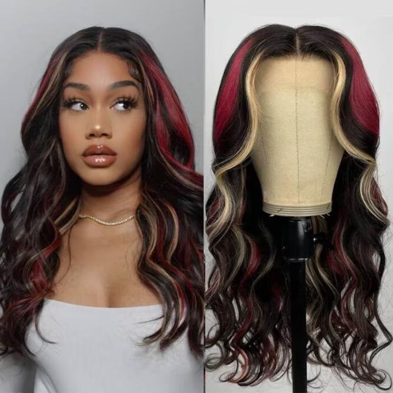 Ombre Pink and Natural Black Highlight Wigs Skunk Stripe Wigs HD Lace Front Wig  Human Hair Brazilain Wigs Pre Plucked Straight Glueless Wig 150% Density Medium Cap