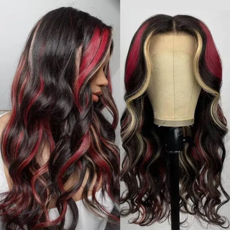 Ombre Red  and  Blond Highlight Wigs HD Lace Front Brazilian Human Hair Wig 13x4 Lace Wigs Pre Plucked Wavy Glueless Wig 150% Density