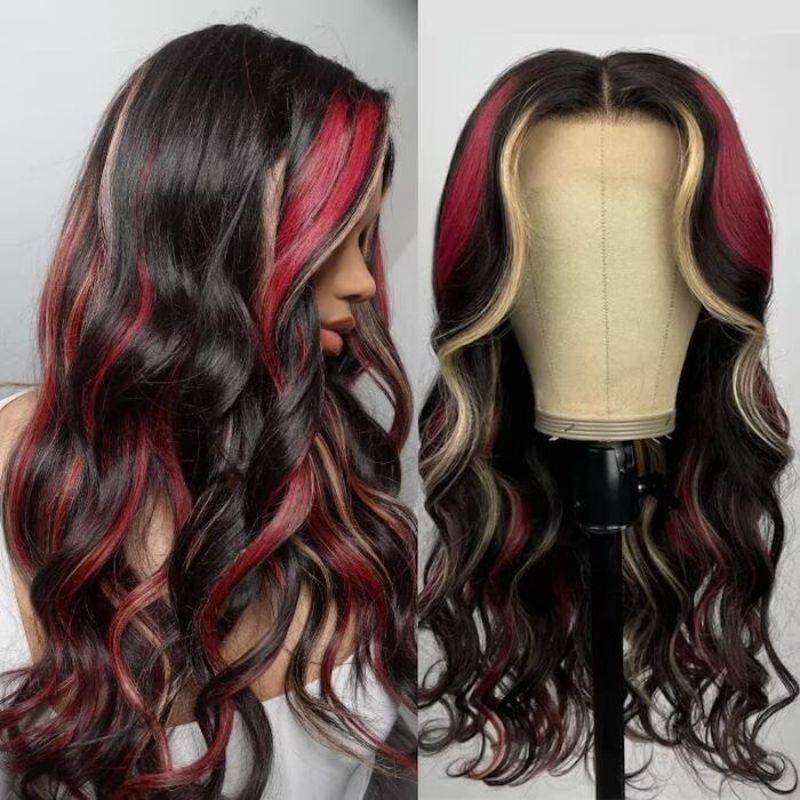 Ombre Red  and  Blond Highlight Wigs HD Lace Front Brazilian Human Hair Wig 13x4 Lace Wigs Pre Plucked Wavy Glueless Wig 150% Density