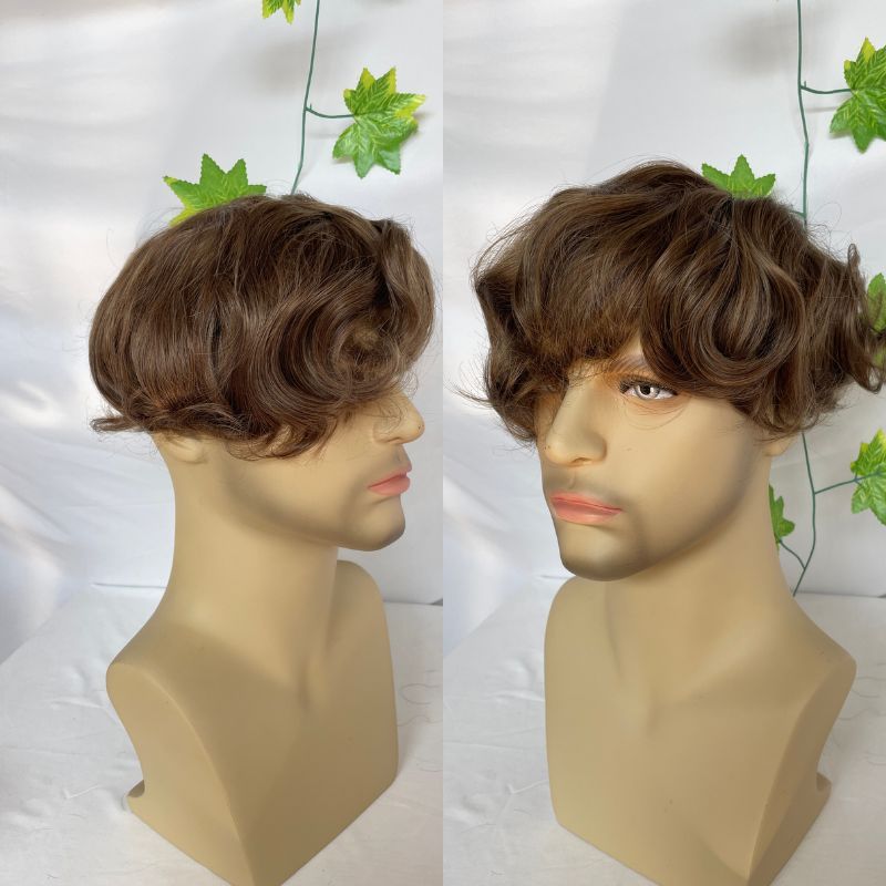 Men Toupee 100% Remy Human Hair  0.02-0.03mm Ultra Thin Skin PU Base Men Toupee Hair Prosthesis 8x10inch Hair Replacement System Remy Hair Pieces 7# Brown