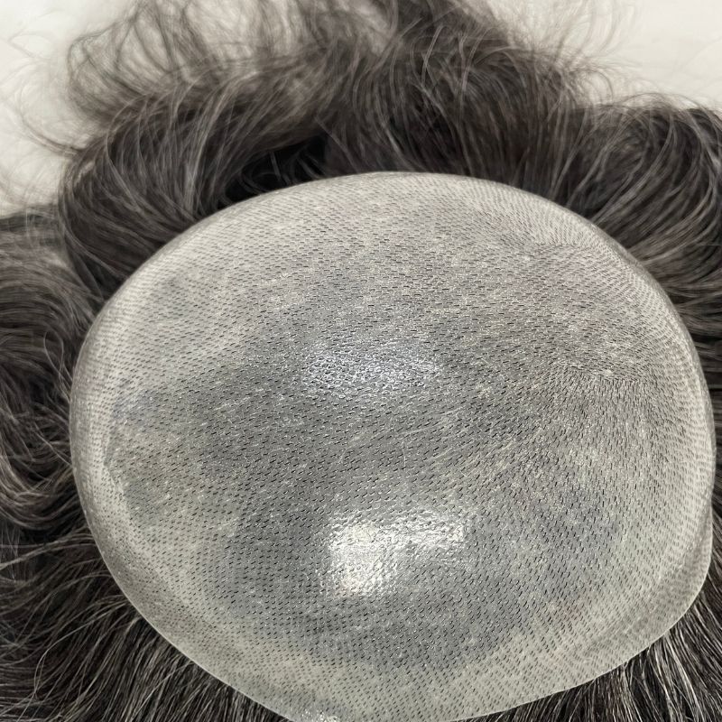 Pwigs Toupee for Men Full Thin Skin PU Cap Base 12inch Long European Human Hair Men Toupee Natural Hairline Hair System 1b Mixed with 60% White Hair Men Wigs