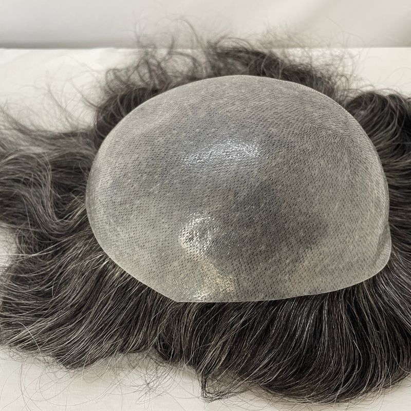 Pwigs Toupee for Men Full Thin Skin PU Cap Base 12inch Long European Human Hair Men Toupee Natural Hairline Hair System 1b Mixed with 60% White Hair Men Wigs